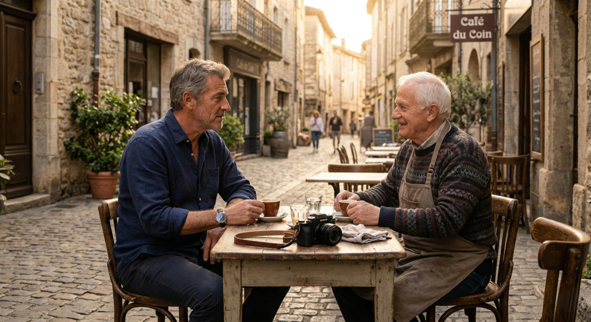 Authentic Cultural Moments In Travel Photography, A Man Sharing A Coffee With A Local Vendor.